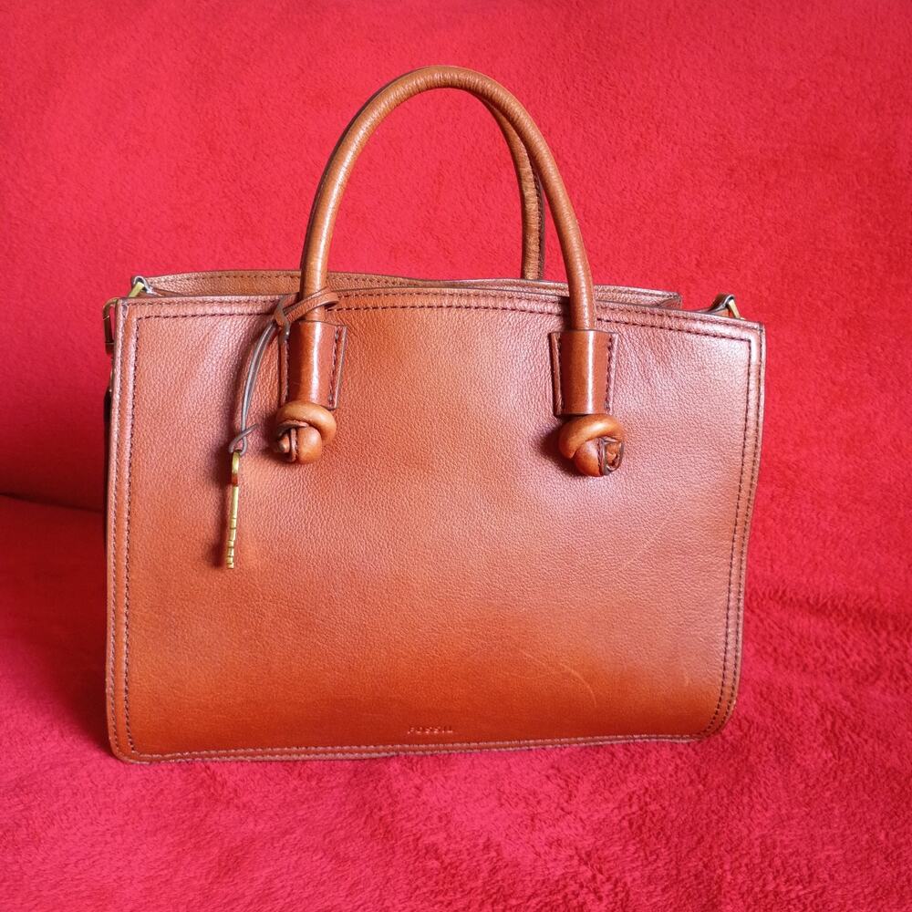 Vintage Fossil Skylar Leather Satchel Cognac Brown Crossbody Charm Structured